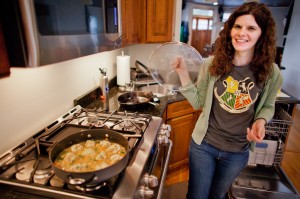 Stacey cooking chicken and dumplings